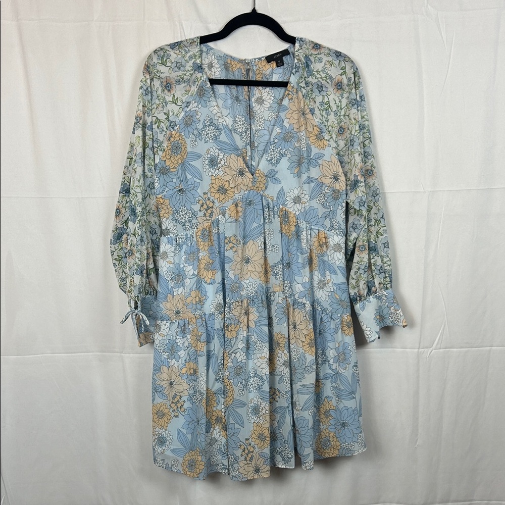 J. Crew Floral Long Sleeve Dress in Blue, Pale Peach and Cream